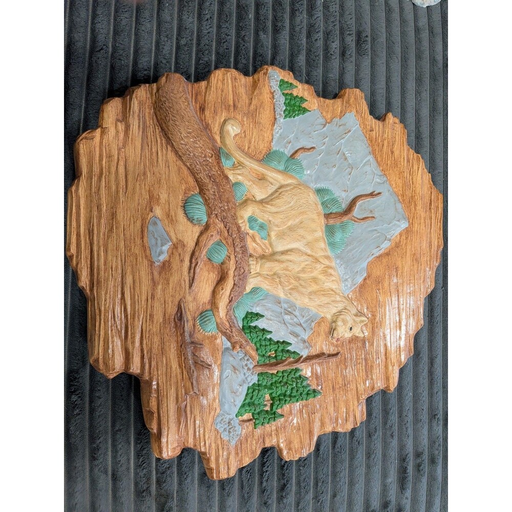 Vintage 3D Wildlife Wall Plaques Set of 2 - Hand Painted Ceramic Bear & Cougar